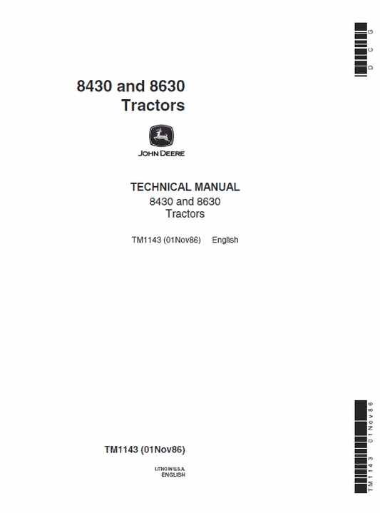John Deere 8430, 8630 Tractor Repair Technical Manual (TM1143) Workshop Guide