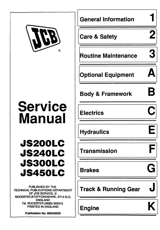 JCB JS200LC, JS240LC, JS300LC, JS450LC Excavator Service Manual Workshop Guide