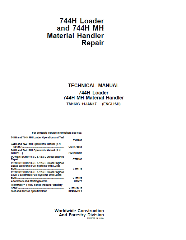 John Deere 744H and 744H MH Loader Repair Technical Manual Workshop Guide