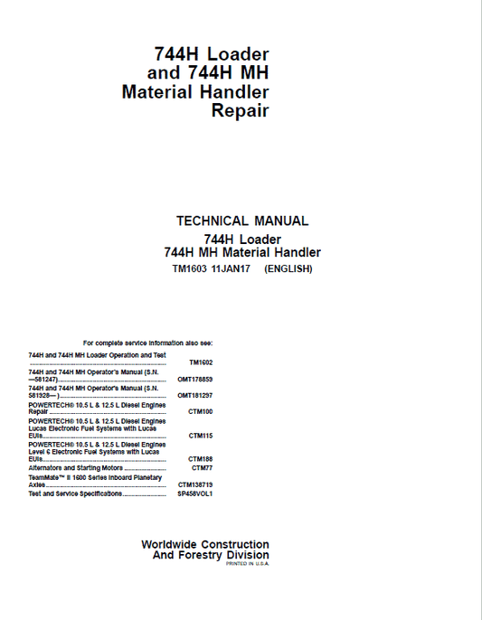 John Deere 744H and 744H MH Loader Repair Technical Manual Workshop Guide