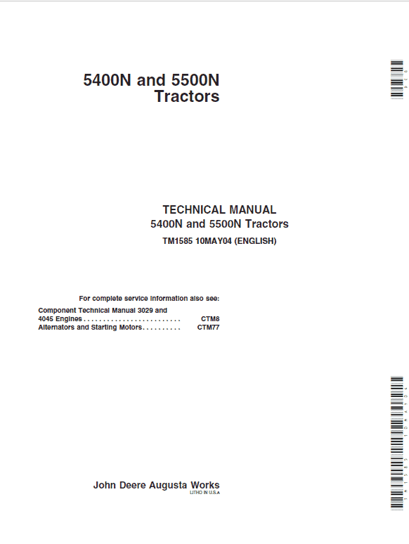 John Deere 5400N, 5500N Tractors Repair Technical Manual Workshop Guide