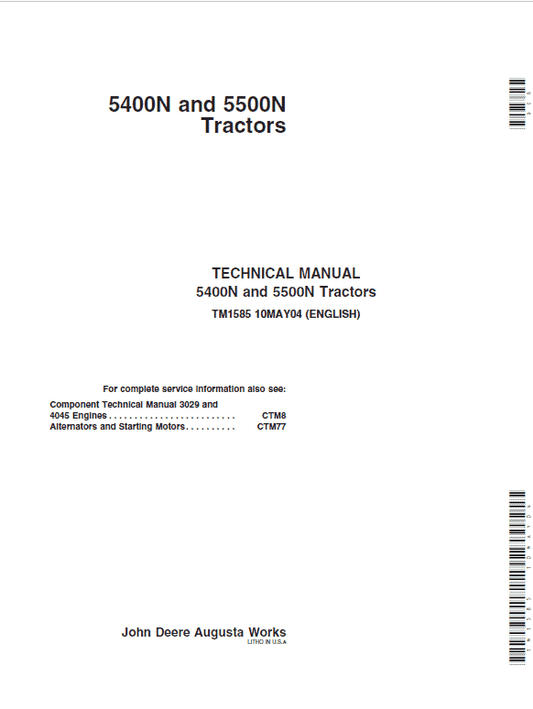 John Deere 5400N, 5500N Tractors Repair Technical Manual Workshop Guide