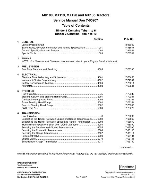 Case MX100, MX110, MX120, MX135 Tractor Service Manual Workshop Guide