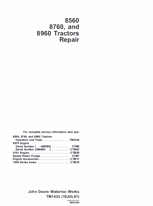 John Deere 8560, 8760, 8960 Tractor Technical Manual (TM1433) Workshop Guide