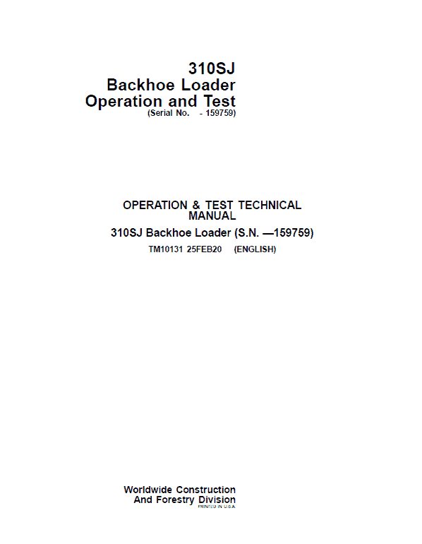 John Deere 310SJ Backhoe Loader Repair Technical Manual (S.N before – 159759) Workshop Guide