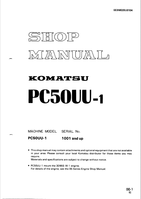 Komatsu PC50UU-1 Excavator Repair Service Manual Workshop Guide