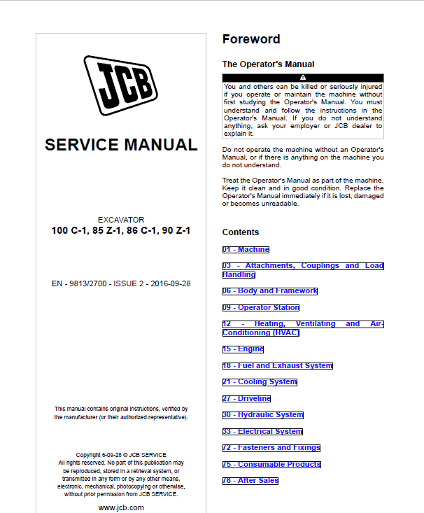 JCB 85Z-1, 86C-1, 90Z-1, 100C-1 Midi Excavator Service Manual Workshop Guide