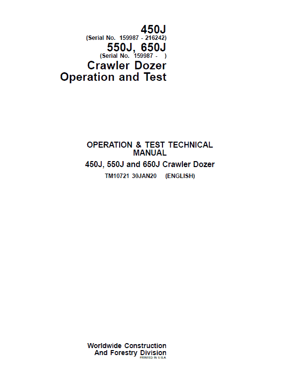 John Deere 450J, 550J, 650J Crawler Dozer Technical Manual (SN. from 159987 -216242) Workshop Guide