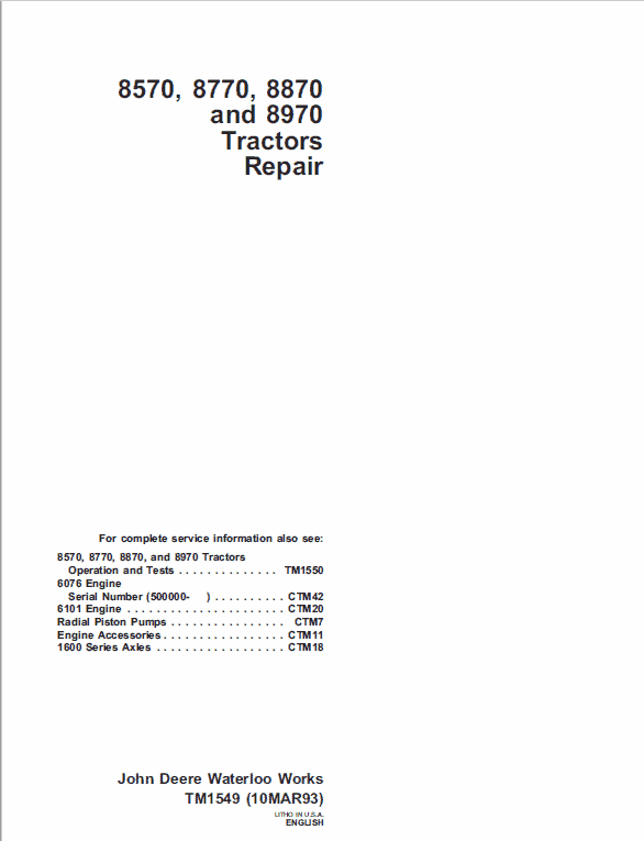 John Deere 8570, 8770, 8870, 8970 Tractor Technical Manual (TM1549) Workshop Guide