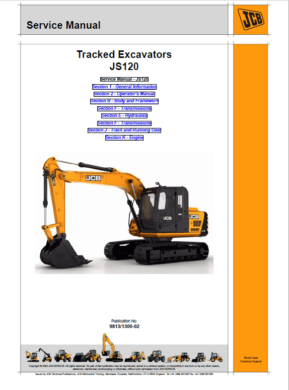 JCB JS120 Tracked Excavator Service Manual Workshop Guide