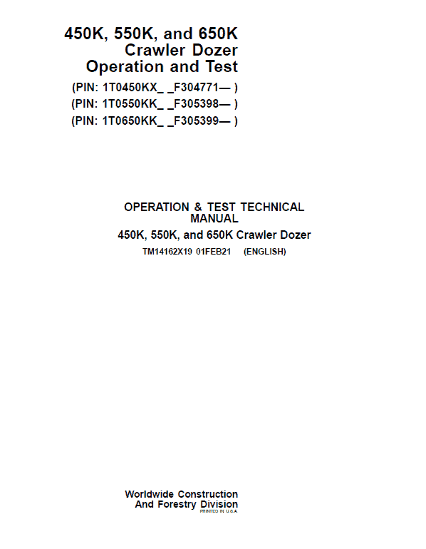 John Deere 450K, 550K, 650K Crawler Dozer Technical Manual (SN. from F304771) Workshop Guide