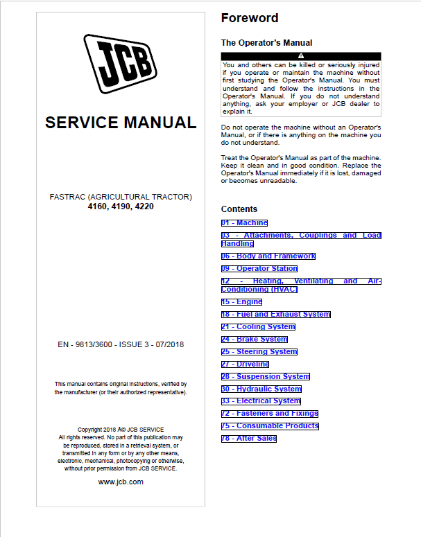 JCB Fastrac 4160, 4190, 4220 Tier 4 Service Manual Workshop Guide
