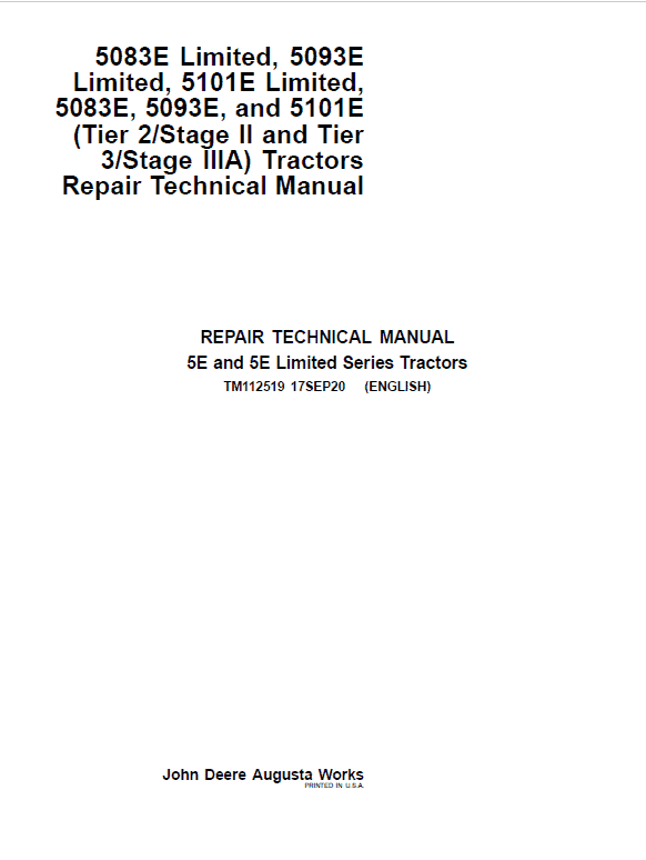 John Deere 5083E Limited, 5093E Limited, 5101E Limited Repair Technical Manual Workshop Guide