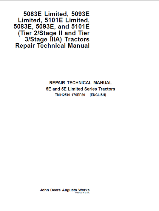 John Deere 5083E Limited, 5093E Limited, 5101E Limited Repair Technical Manual Workshop Guide