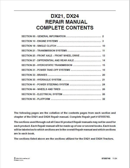 Case DX21, DX24 Tractor Service Manual Workshop Guide