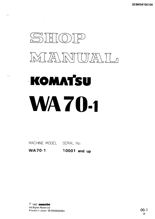 Komatsu WA70-1 Wheel Loader Service Manual Workshop Guide