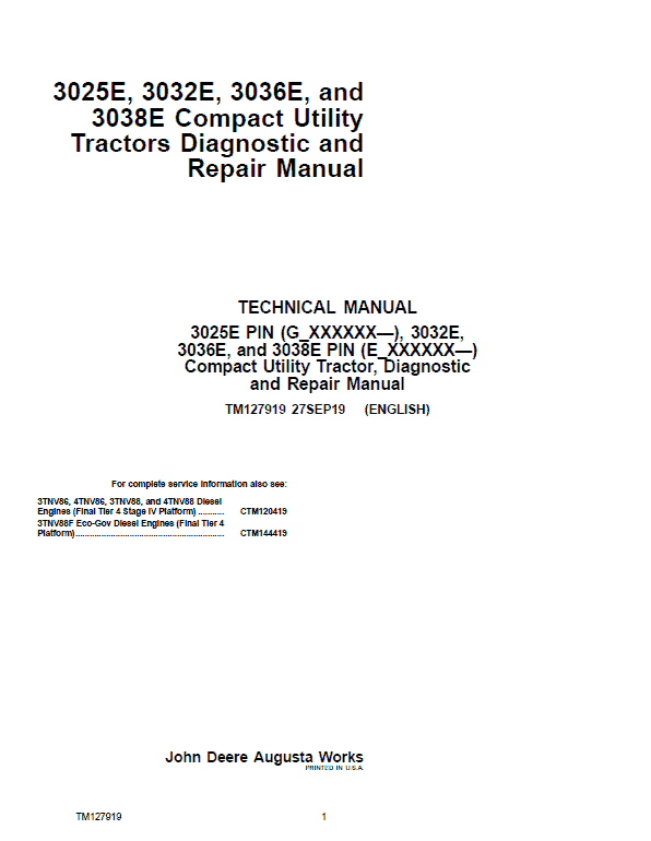 John Deere 3025E, 3032E, 3036E, 3038E Utility Tractors Technical Manual (S.N from 610000 – ) Workshop Guide
