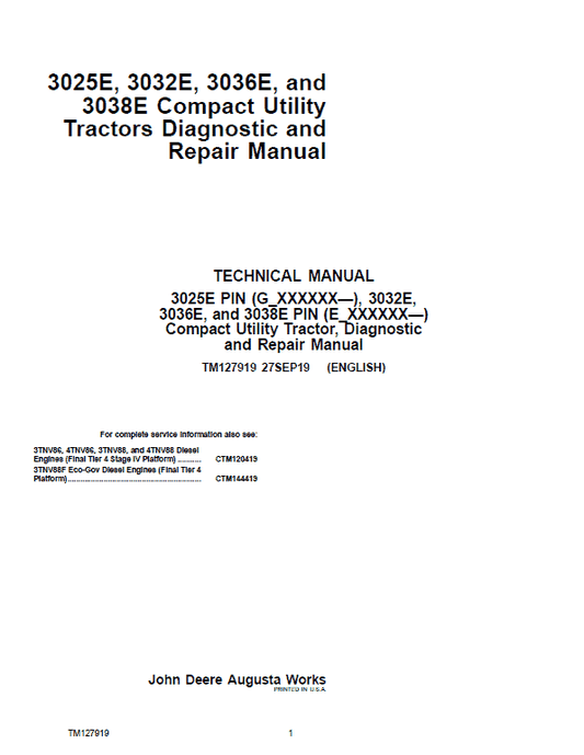 John Deere 3025E, 3032E, 3036E, 3038E Utility Tractors Technical Manual (S.N from 610000 – ) Workshop Guide