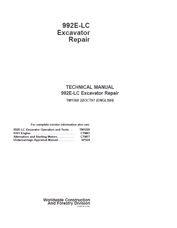 John Deere 992E LC Excavator Repair Technical Manual Workshop Guide