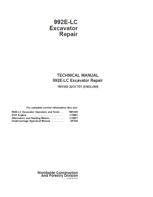 John Deere 992E LC Excavator Repair Technical Manual Workshop Guide