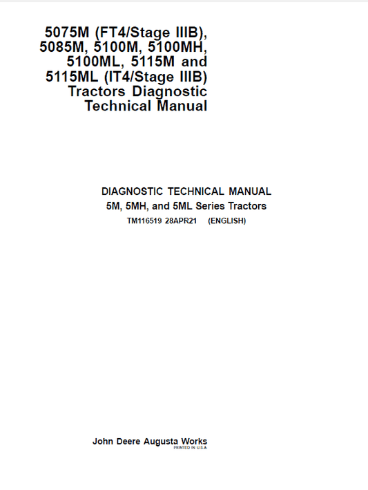 John Deere 5100M, 5100MH, 5100ML, 5115M, 5115ML (IT4) Tractors Repair Manual Workshop Guide