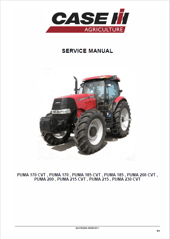 Case Puma 170, 185, 200, 215, 230 CVT Tractor Service Manual Workshop Guide