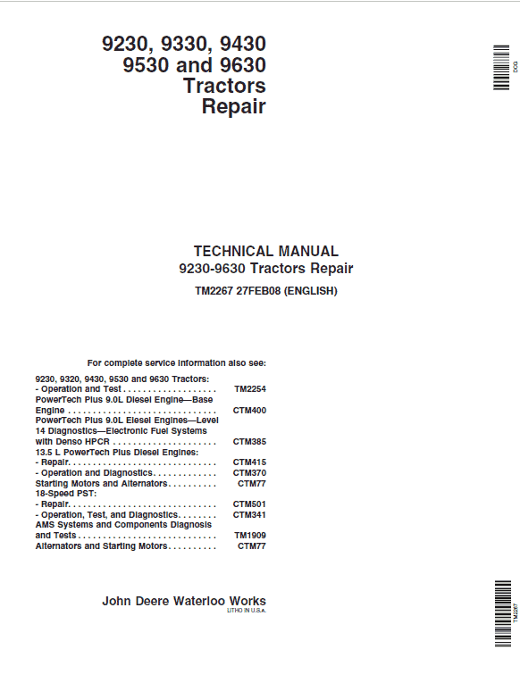 John Deere 9230, 9330, 9430, 9530, 9630 Tractors Repair Technical Manual Workshop Guide