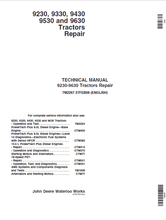 John Deere 9230, 9330, 9430, 9530, 9630 Tractors Repair Technical Manual Workshop Guide