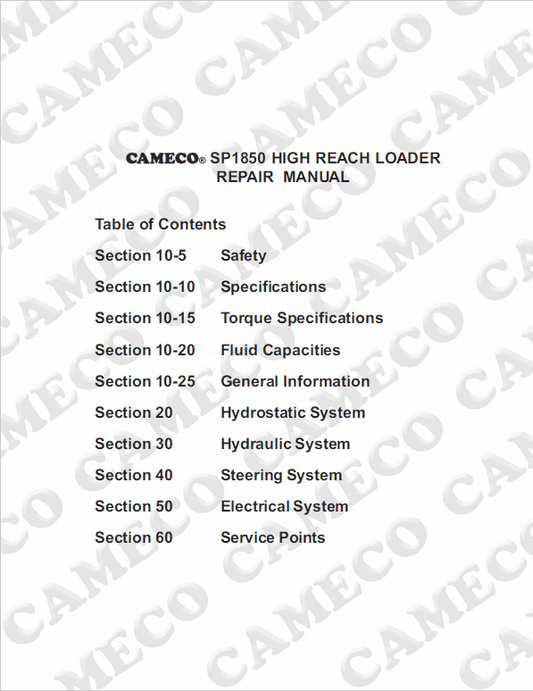 Cameco SP1850 Loader Repair Service Manual Workshop Guide
