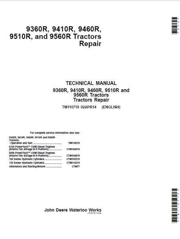 John Deere 9360R, 9410R, 9460R, 9510R, 9560R Tractors Repair Manual Workshop Guide