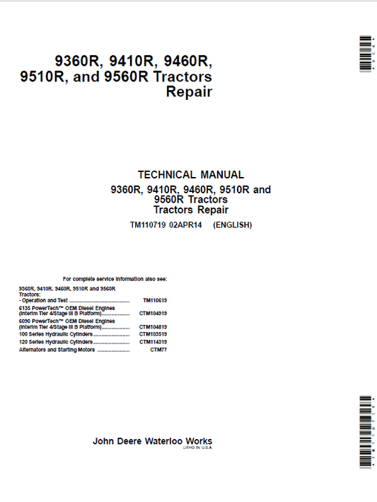 John Deere 9360R, 9410R, 9460R, 9510R, 9560R Tractors Repair Manual Workshop Guide