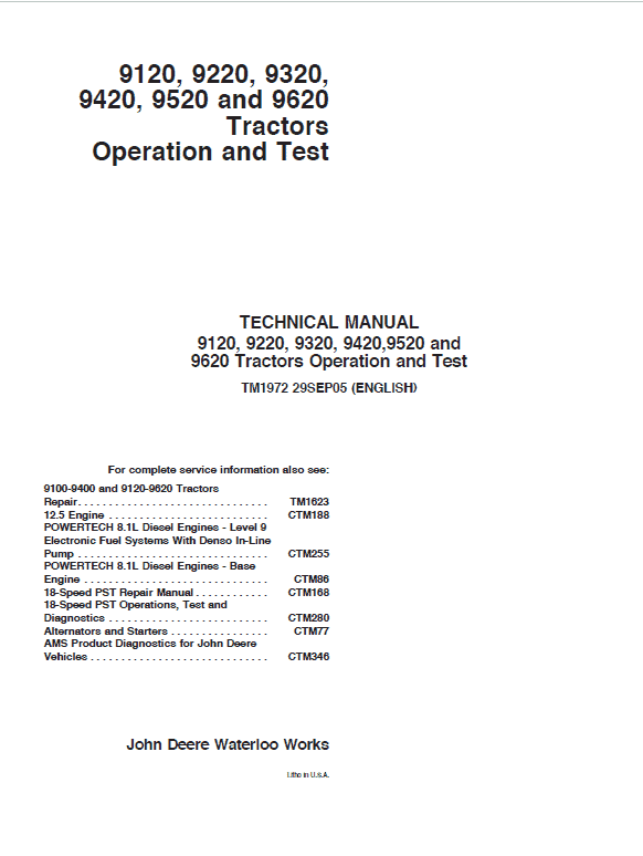 John Deere 9420, 9520, 9620 Tractors Repair Technical Manual Workshop Guide