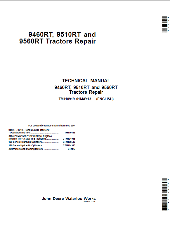 John Deere 9460RT, 9560RT, 9560RT Tractors Repair Technical Manual Workshop Guide