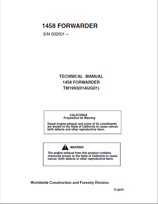 John Deere 1458 Forwarder Repair Technical Manual (TM1993) Workshop Guide