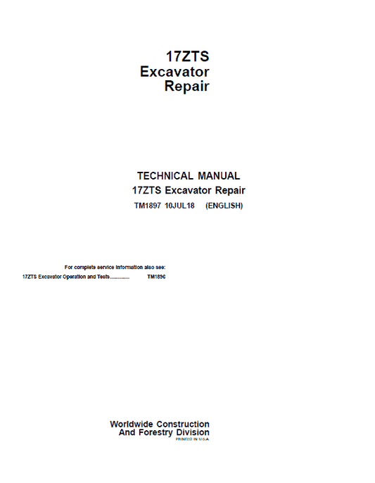 John Deere 17ZTS Excavator Repair Technical Manual Workshop Guide