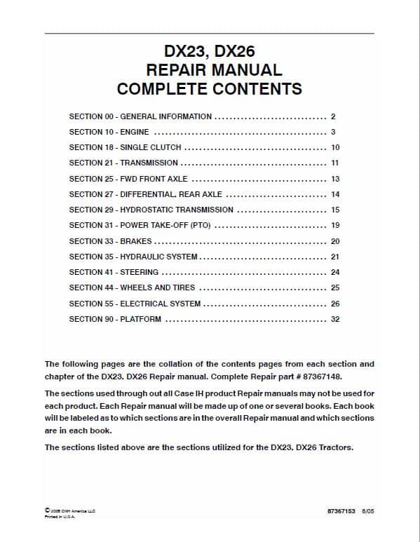 Case DX23, DX26 Tractor Service Manual Workshop Guide
