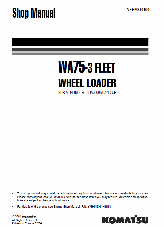 Komatsu WA75-3 Wheel Loader Service Manual Workshop Guide