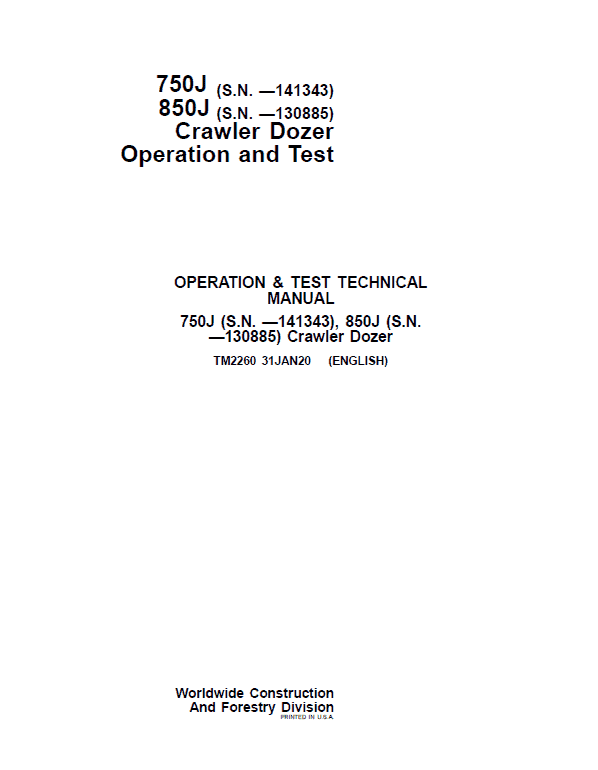 John Deere 750J, 850J Crawler Dozer Technical Manual (S.N. before 130885) Workshop Guide