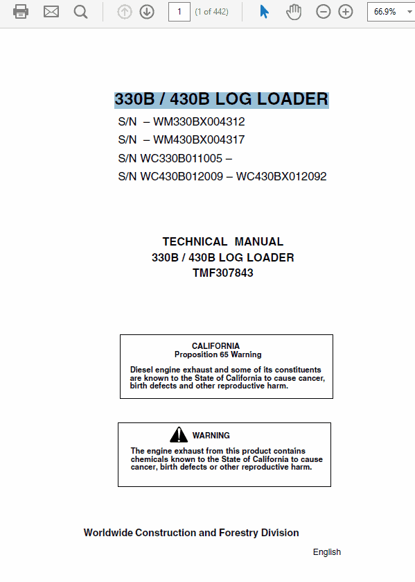 John Deere 330B, 430B Log Loader Repair Technical Manual TMF307843 Workshop Guide