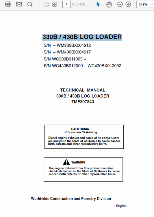 John Deere 330B, 430B Log Loader Repair Technical Manual TMF307843 Workshop Guide