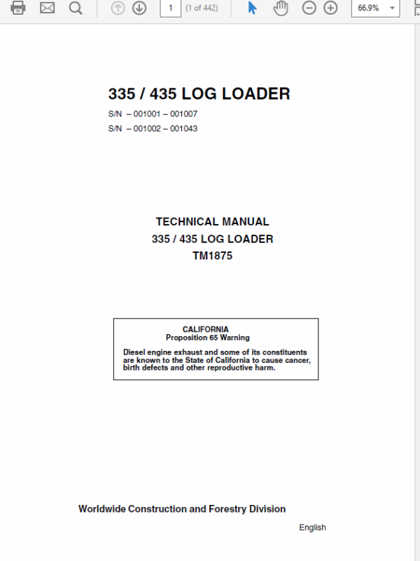 John Deere 335, 435 Log Loader Repair Technical Manual (TM1875) Workshop Guide