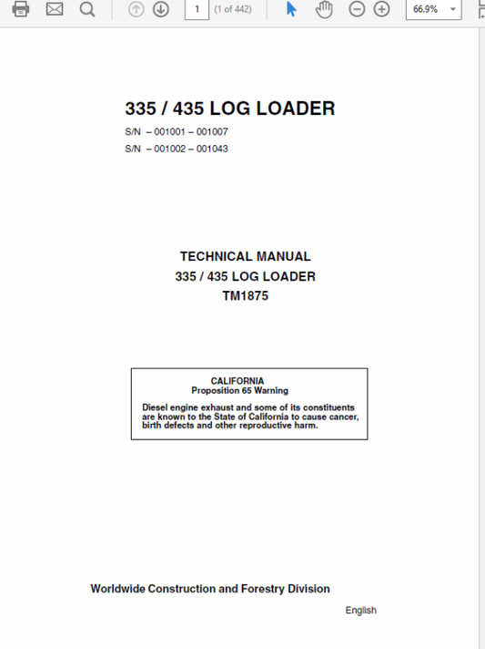 John Deere 335, 435 Log Loader Repair Technical Manual (TM1875) Workshop Guide