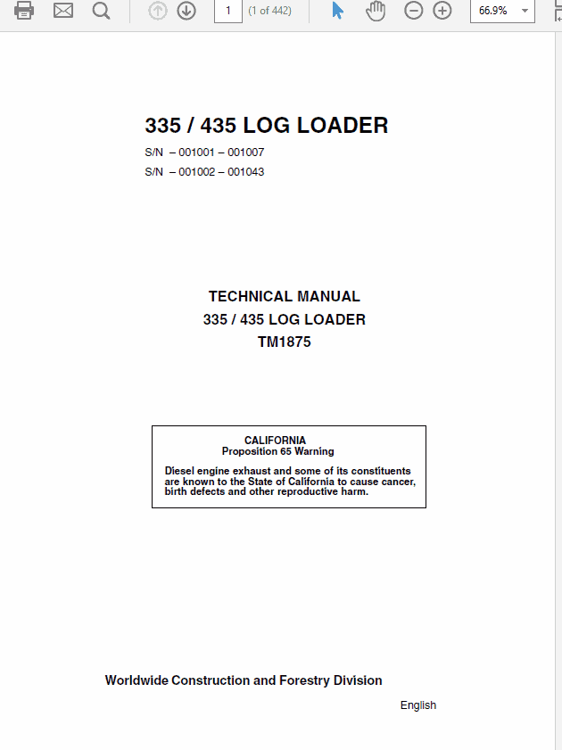 John Deere 335, 435 Log Loader Repair Technical Manual (TM1875) Workshop Guide