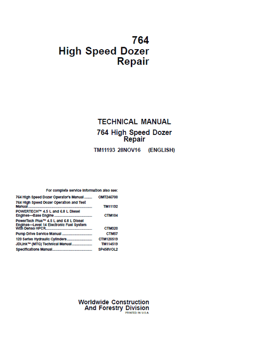 John Deere 764 High Speed Dozer Repair Technical Manual Workshop Guide
