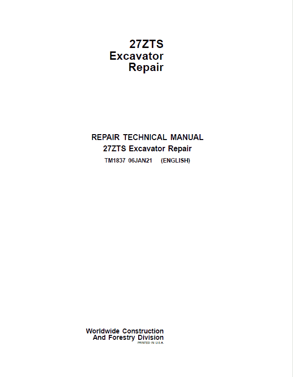 John Deere 27ZTS Excavator Repair Technical Manual Workshop Guide