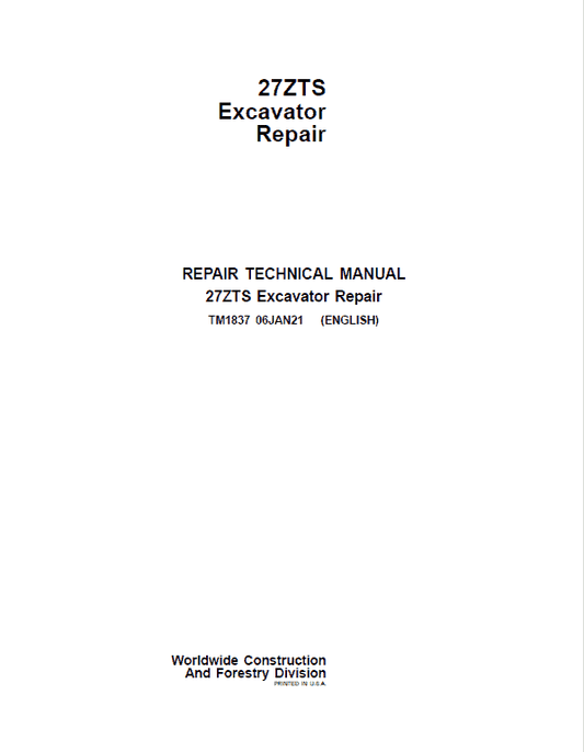 John Deere 27ZTS Excavator Repair Technical Manual Workshop Guide