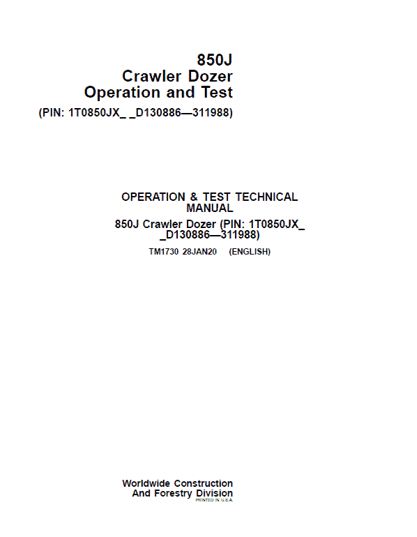 John Deere 850J Crawler Dozer Technical Manual (SN. from D130886 – D311988) Workshop Guide