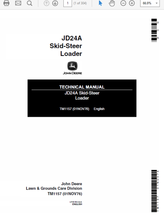 John Deere 24A Skid-Steer Loader Repair Technical Manual (TM1157) Workshop Guide