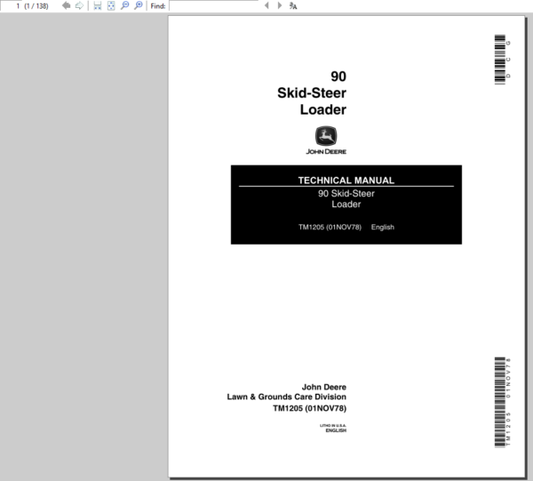 John Deere 90 Skid-Steer Loader Repair Technical Manual (TM1205) Workshop Guide