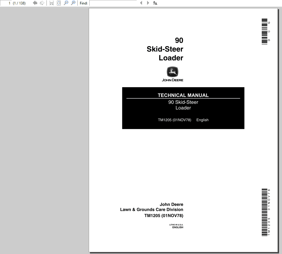 John Deere 90 Skid-Steer Loader Repair Technical Manual (TM1205) Workshop Guide